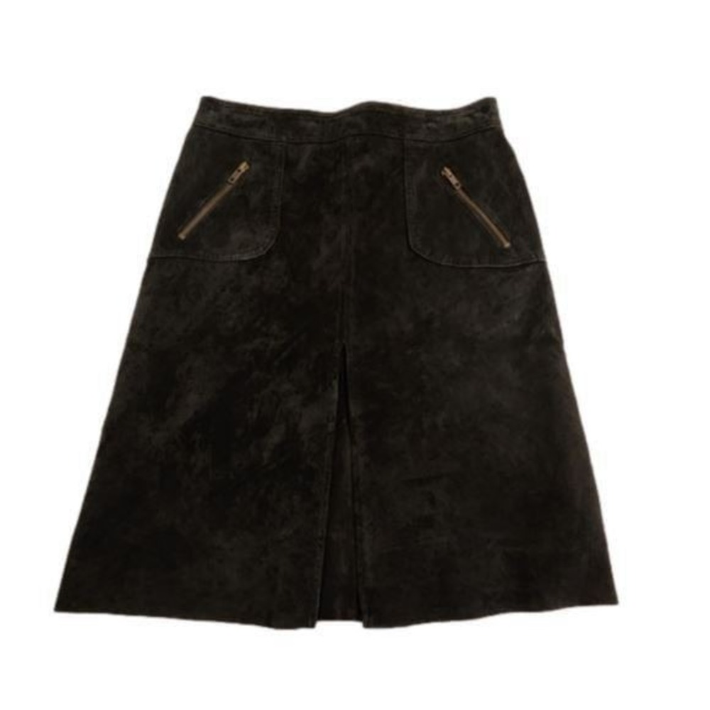 Context Vintage Suede A-Line Midi Skirt Black Zip Pockets Front Slit High Waist